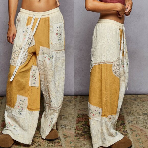 🔥🍫POL Vintage-Inspired Patchwork Cotton Pants – Boho Lace Honey Gold - Picture 4 of 16